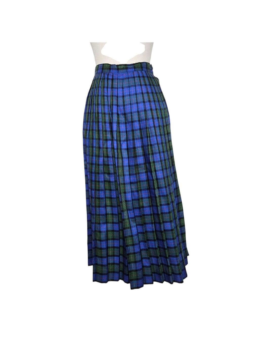 Vintage Skyr Tartan Plaid Skirt Midi Pleated Blue Rayon Holiday Women 4
